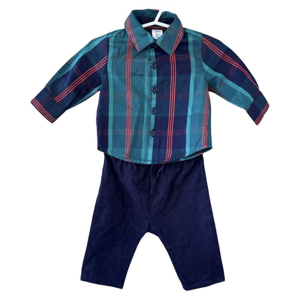 Nordstrom Baby‎ Boy Outfit Button Up Plaid Shirt Navy Corduroy Pants 3M Cotton